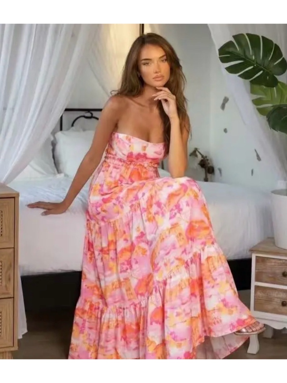 Strapless Pink & Orange Watercolor Maxi Dress
